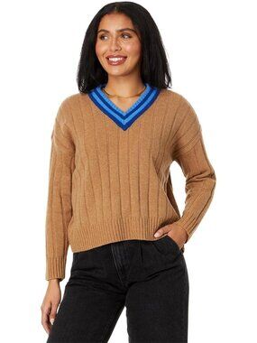 Madewell Sweater Size Medium V Neck Tipped Pullover Wool Blend Camel Blue Comfy